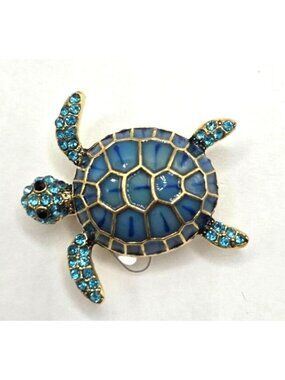 Blue & Gold Tone Enameled Sea Turtle Rhinestone Brooch